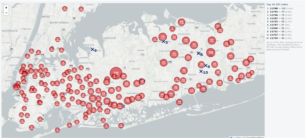 Heatmap of volunteers by zip code