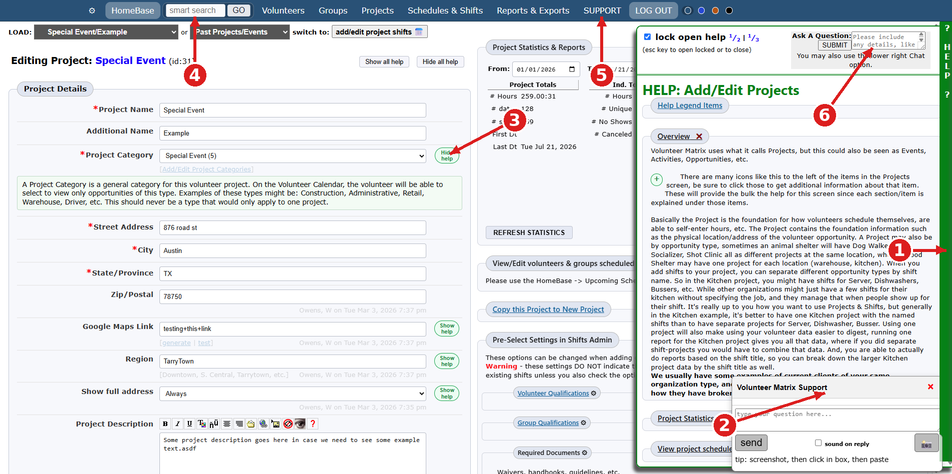 Volunteer Matrix support options: help sidebar, live chat, field-level help buttons, smart search, support page, and ask-a-question box